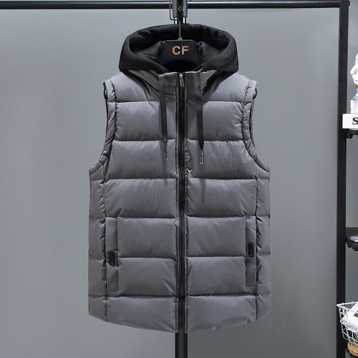 Men's Padded Hooded Vest with Stand-up Collar, Full-length Zipper and Drawstring Mune Fashion