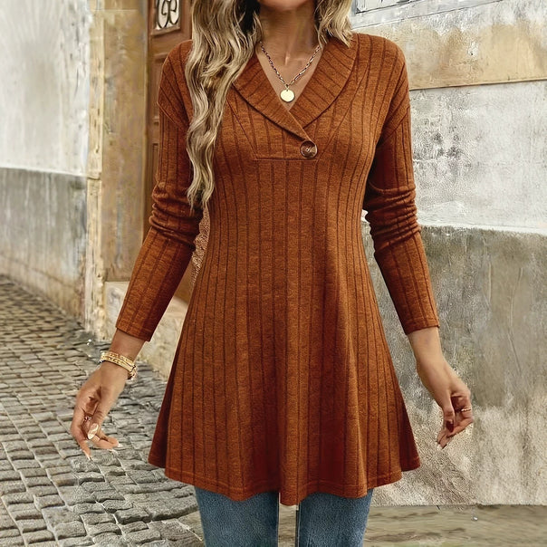 Women Knitted A-Line Tunic Dress with Lapel and Decorative Button Mune Fashion