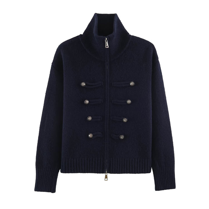 Women's cardigan with zipper, high stand-up collar, and decorative button plackets Mune Fashion