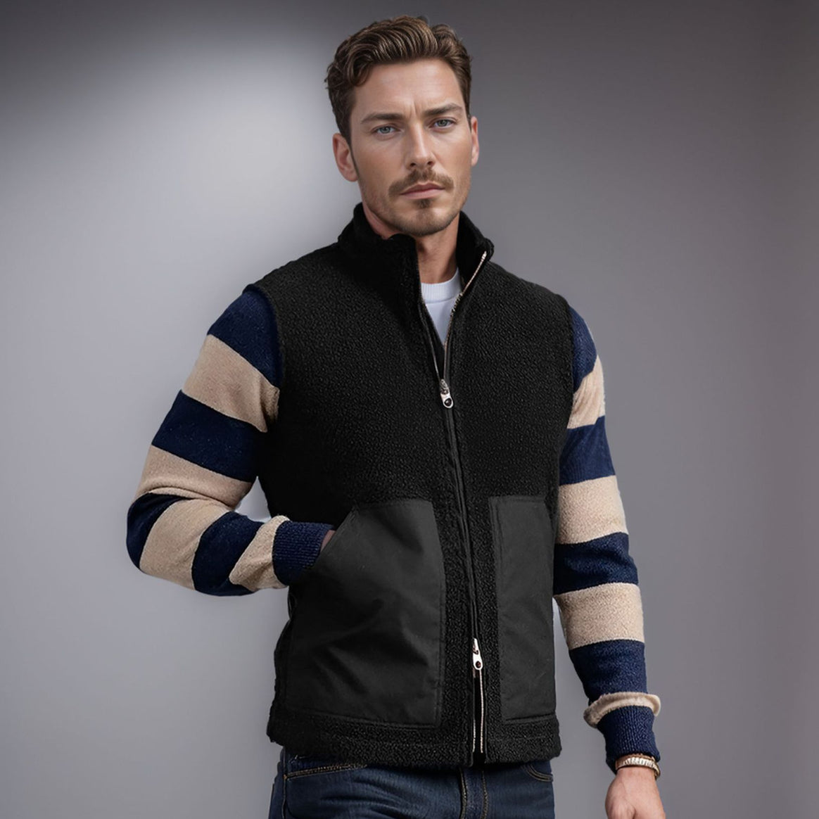 Women short-cut bouclé fleece vest with stand-up collar, two-way zipper and contrasting patch pockets Mune Fashion