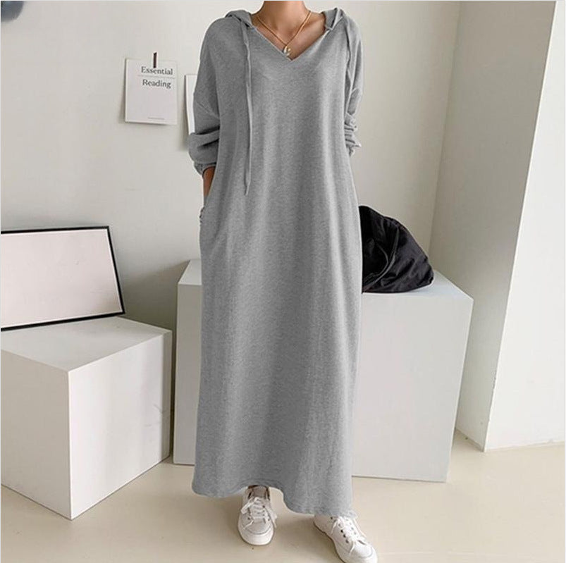 Women's casual hooded maxi dress with V-neck, long sleeves, loose straight cut, and elastic cuffs Mune Fashion