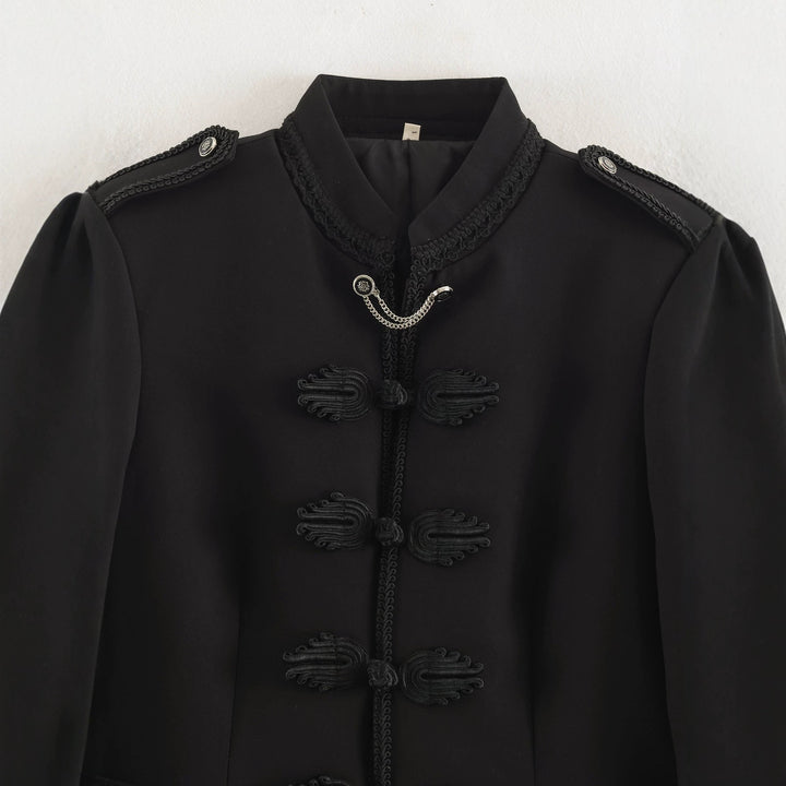 Ladies short military-style jacket with mandarin collar, decorative knot, and epaulettes Drune