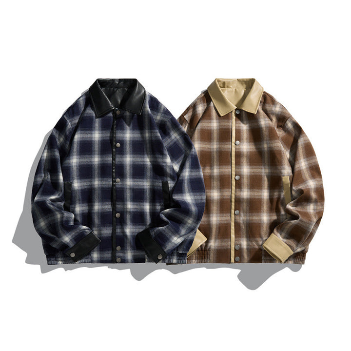 Men's Boxy Checkered Shirt Jacket with Faux Leather Collar, Snap Button Closure and Leather Accents Mune Fashion
