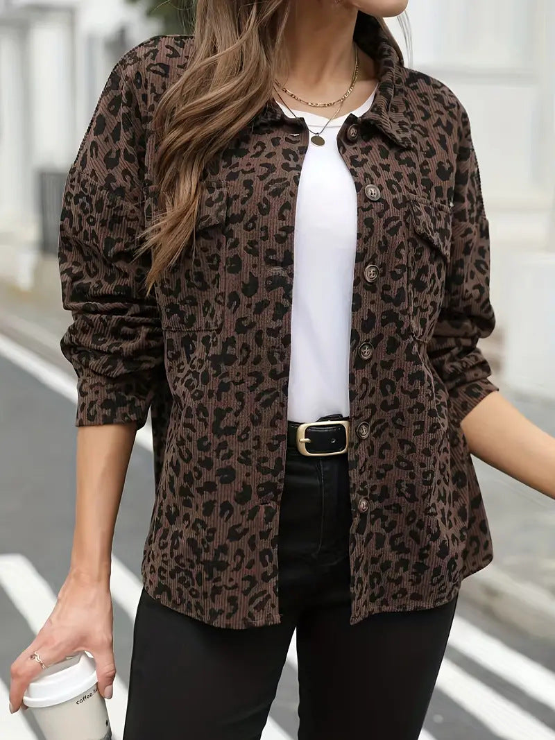 Women's Oversize Shirt Jacket in Cord Look with Leopard Print Mune Fashion