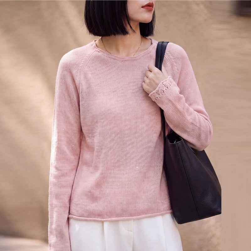 Women lightweight fine knit sweater with subtle glitter look and raglan sleeves Mune Fashion