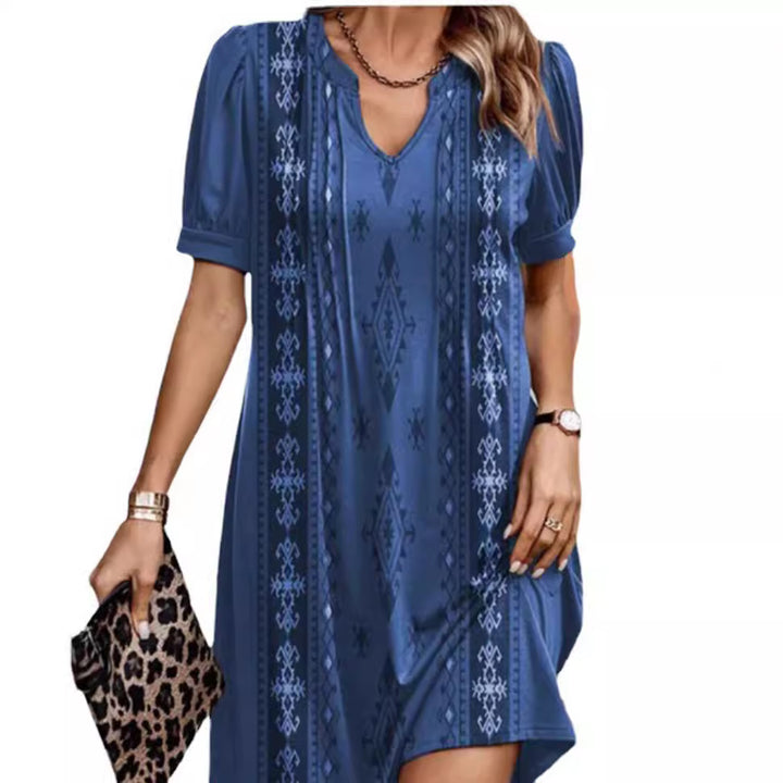 Women's A-line short dress with V-neck, voluminous sleeves, and vertical ethnic print Mune Fashion
