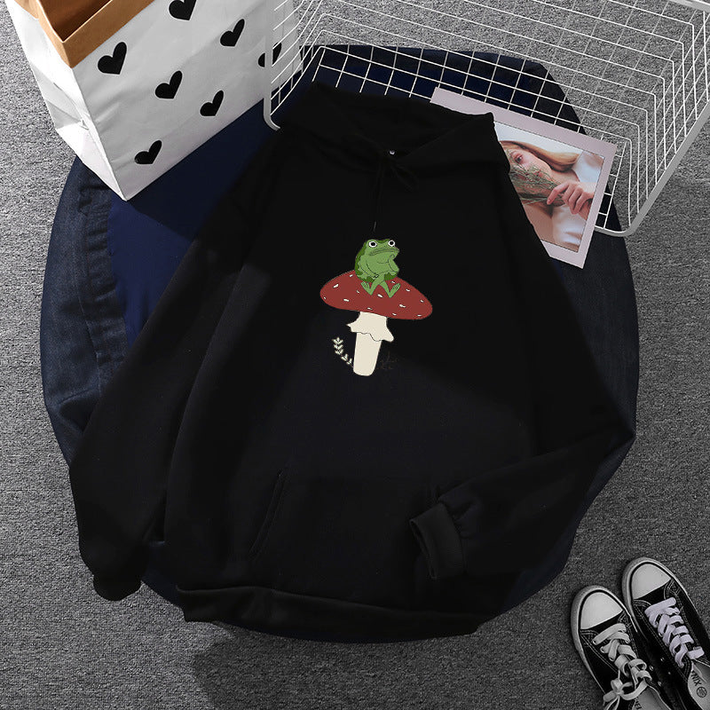 Women's oversized hoodie with kangaroo pocket and frog mushroom print Mune Fashion