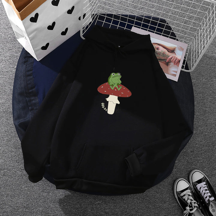 Women's oversized hoodie with kangaroo pocket and frog mushroom print Mune Fashion