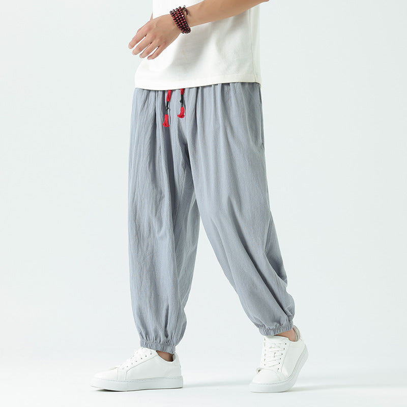 Men's loosely cut linen-cotton pants with drawstring and elastic cuffs Mune Fashion
