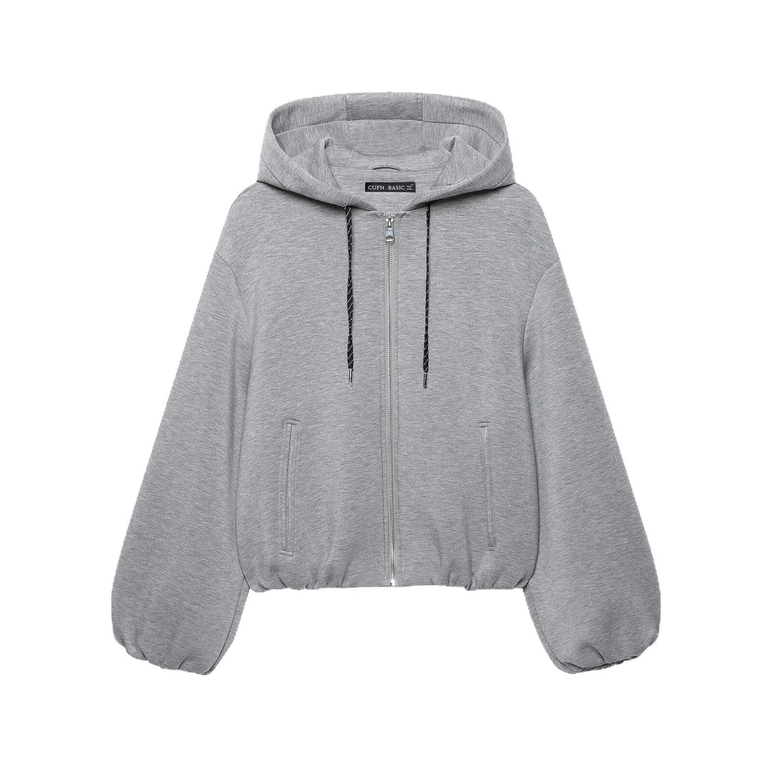 Women Cropped Hoodie Sweat Jacket with Balloon Sleeves and Drawstring Mune Fashion