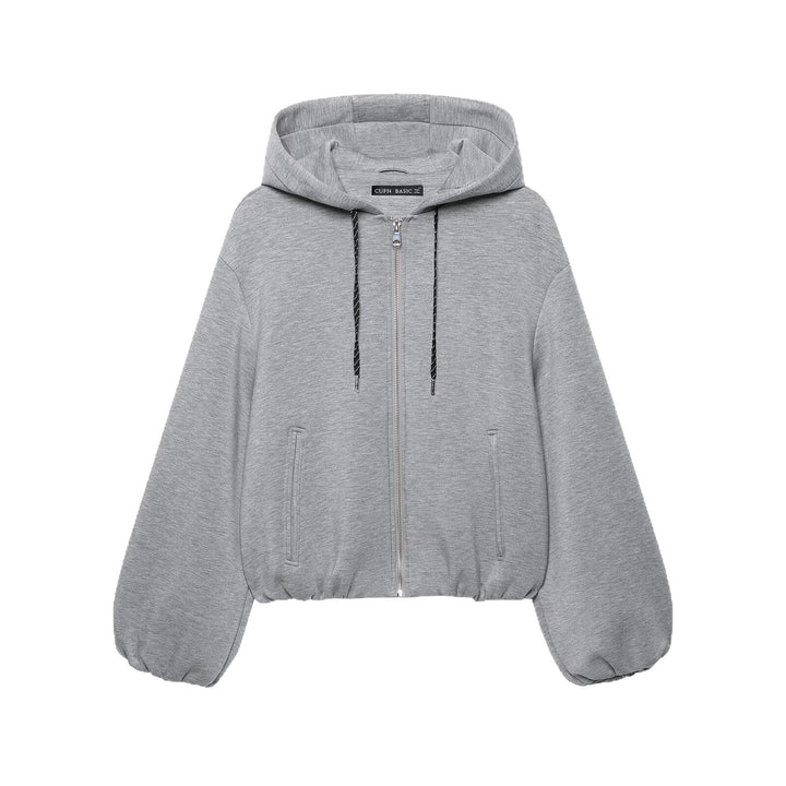 Women Cropped Hoodie Sweat Jacket with Balloon Sleeves and Drawstring Mune Fashion