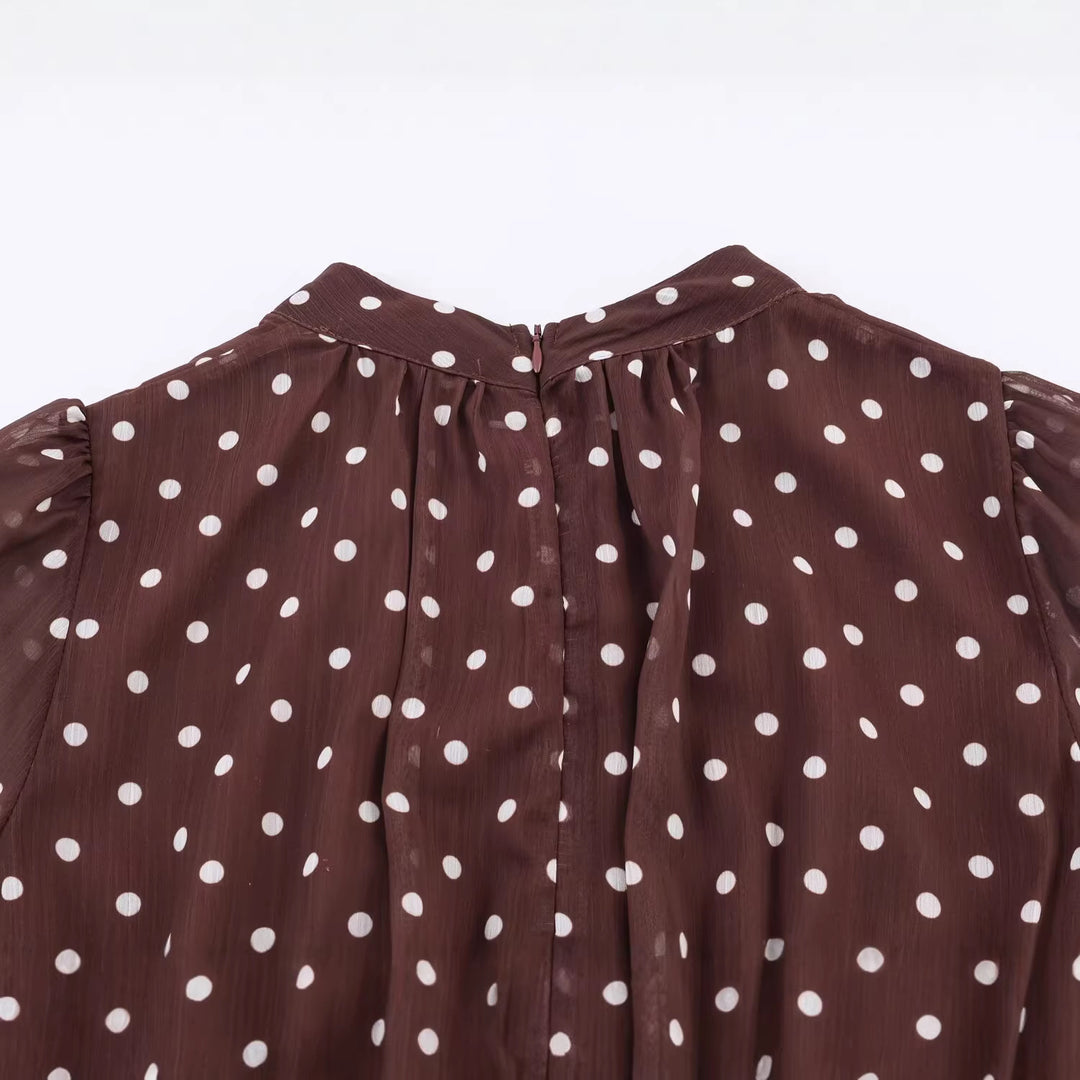 Women Polka Dot Chiffon Blouse with Tie and Synthetic Fur Trim Mune Fashion