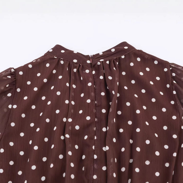 Women Polka Dot Chiffon Blouse with Tie and Synthetic Fur Trim Mune Fashion