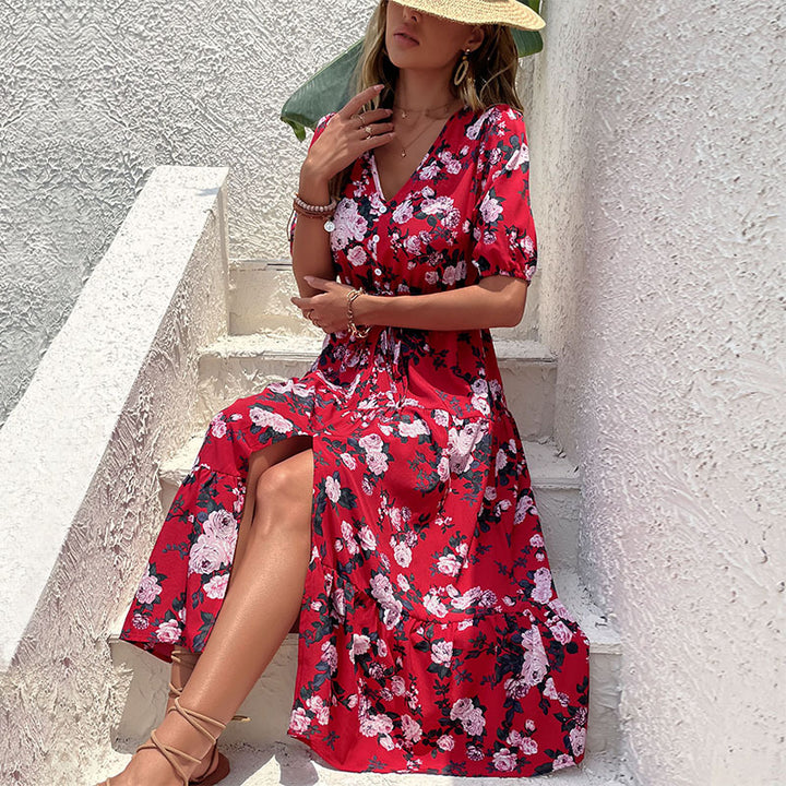 Women's Floral Midi Dress with V-Neck, Tie Belt, Ruffle Layers and Leg Slit Mune Fashion