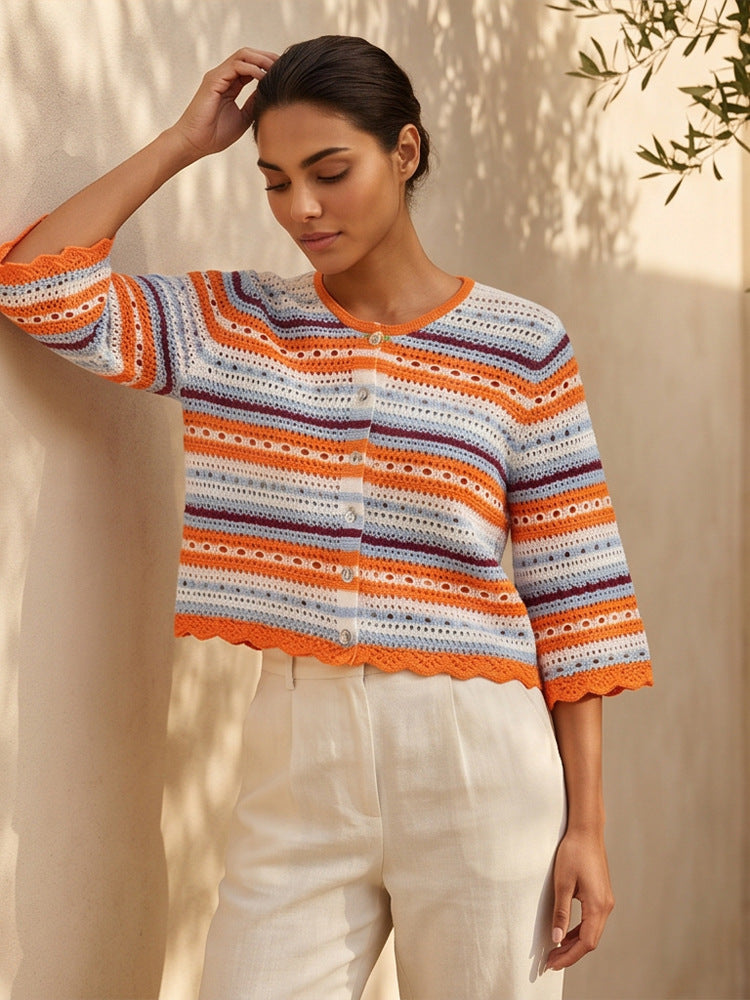 Women crocheted short jacket with shell hem, 3/4 sleeves & fine lace pattern Mune Fashion