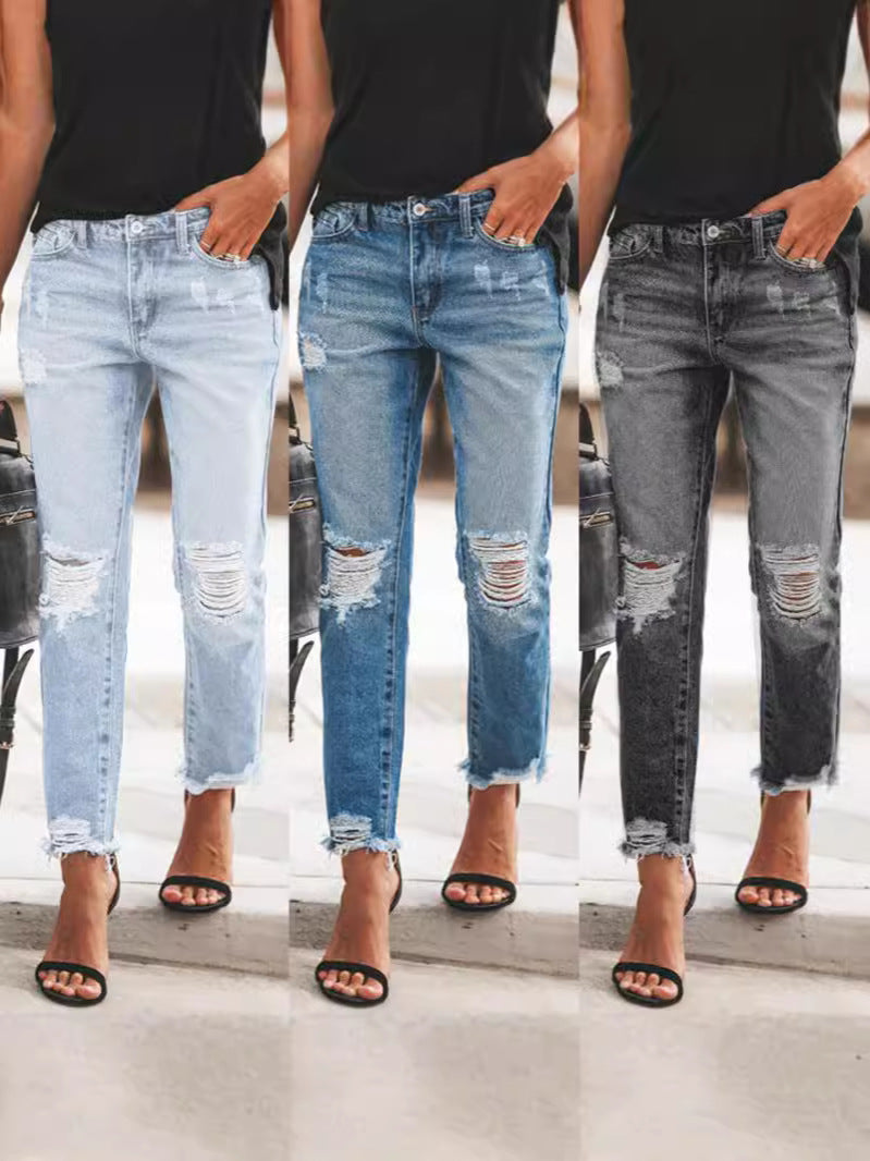 Women's Ripped Denim Jeans with Casual Cut and Frayed Hem Mune Fashion