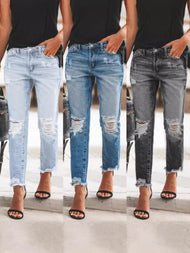 Women's Ripped Denim Jeans with Casual Cut and Frayed Hem Mune Fashion