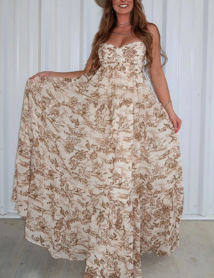 Women's strapless corset maxi dress with heart neckline, tiered ruffle skirt and nostalgic toile pattern Mune Fashion