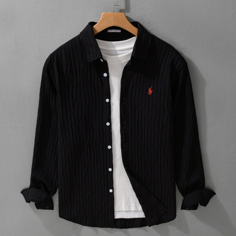 Men's Lightweight Cotton Long Sleeve Shirt in Layering Style with Fine Crinkle Texture and Kent Collar Mune Fashion