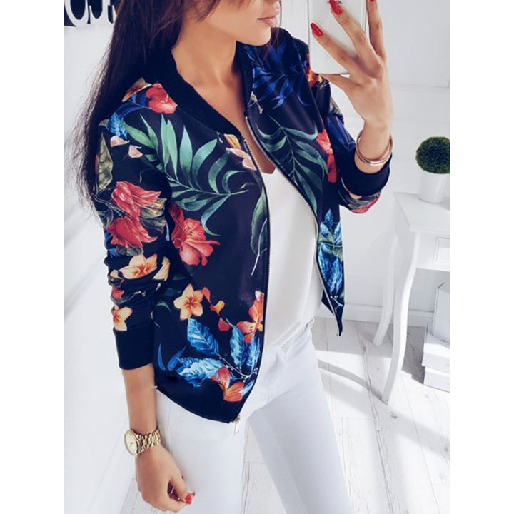 Women's Lightweight Bomber Jacket with Floral Allover Print, Zipper and Ribbed Cuffs Mune Fashion