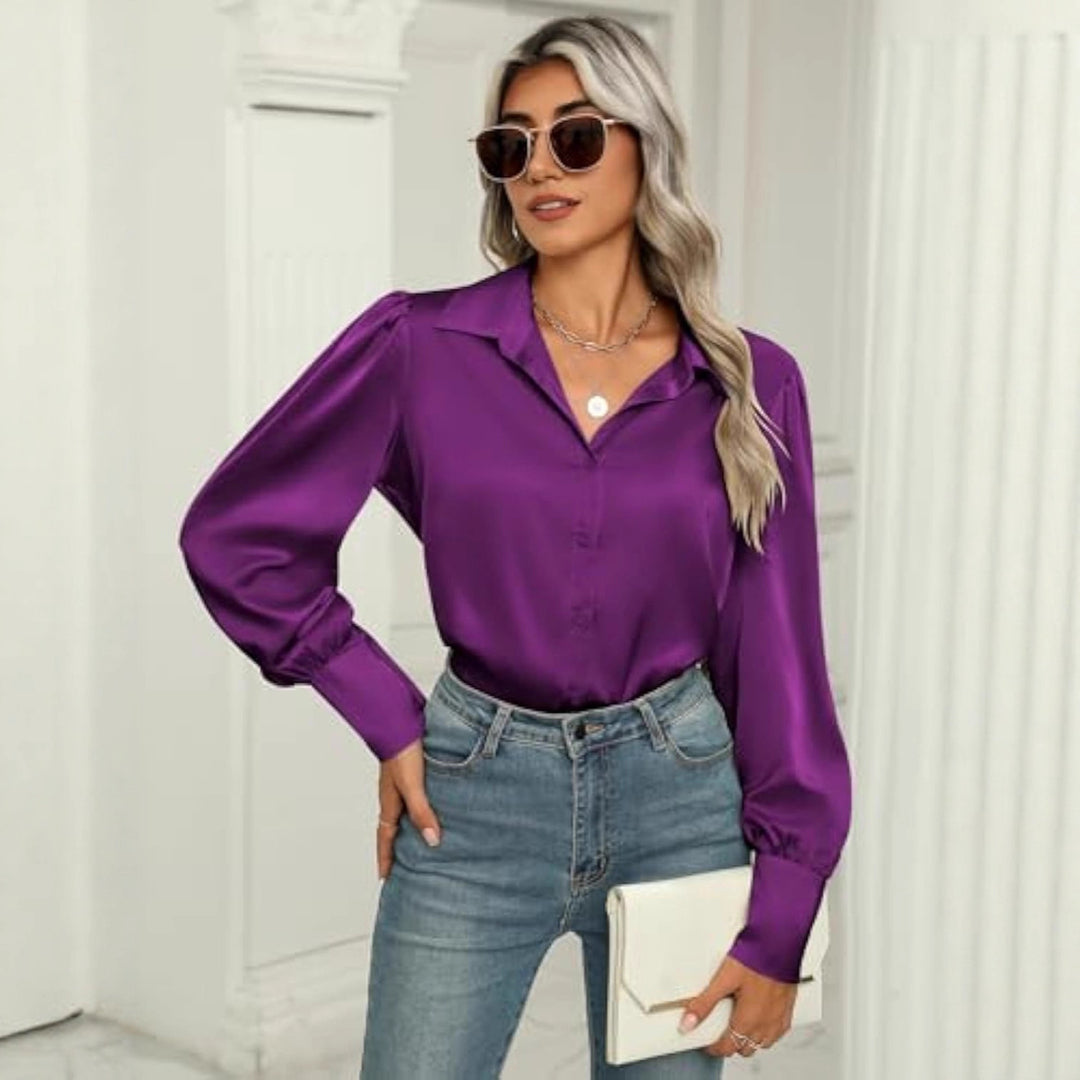 Women's silk look blouse with shirt collar, concealed button placket and long cuffs Drune