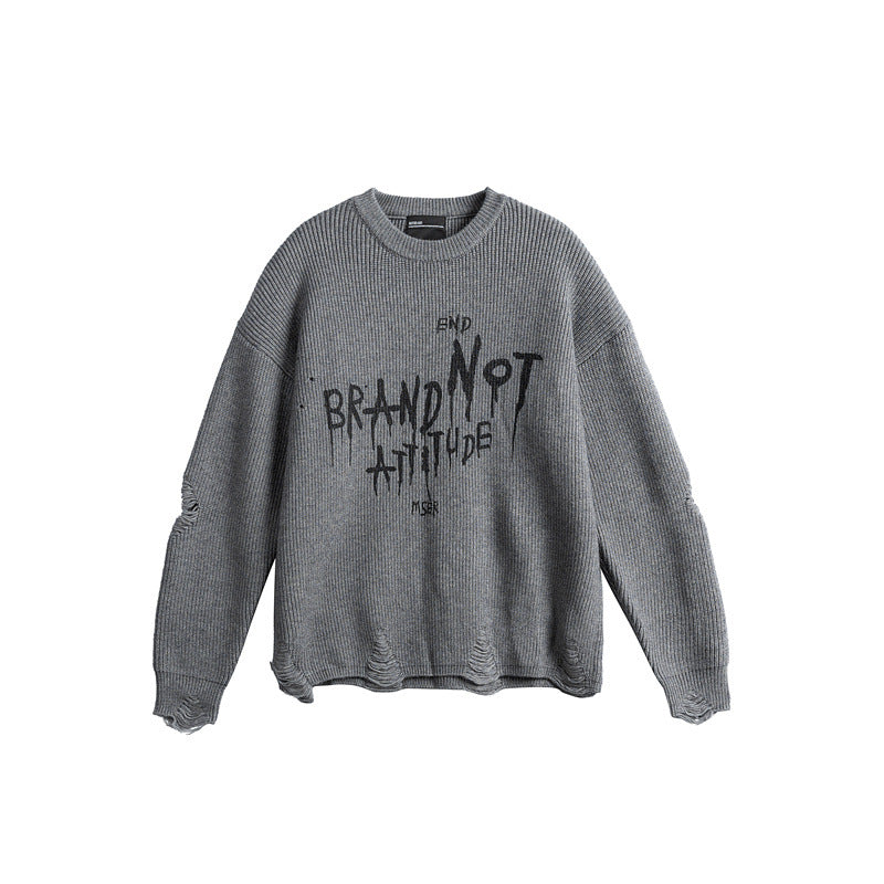 Unisex Oversize Knitted Sweater with Destroyed Details and Statement Print Mune Fashion