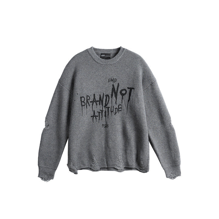 Unisex Oversize Knitted Sweater with Destroyed Details and Statement Print Mune Fashion