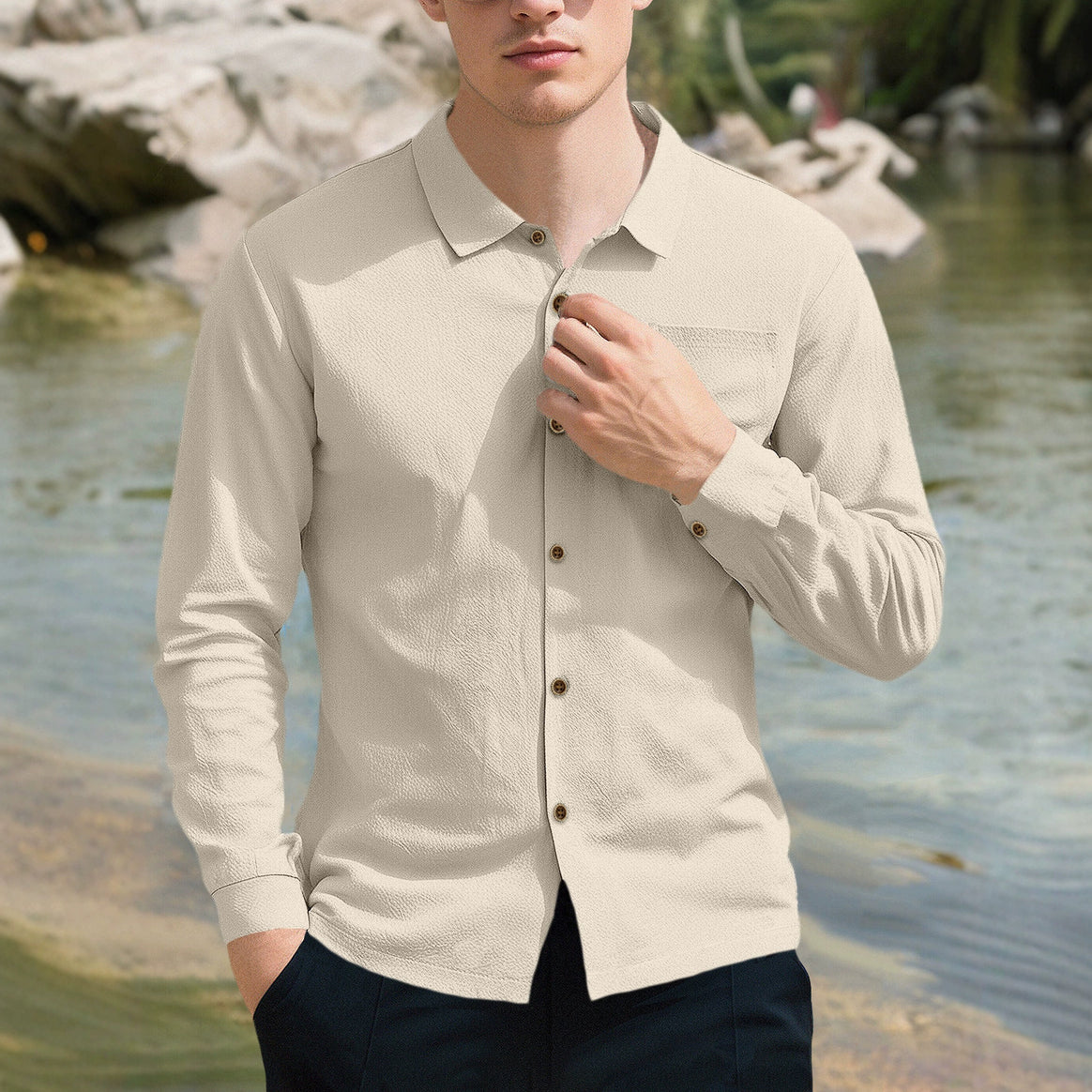 Men's casual long-sleeve shirt with Kent collar, chest pocket, and sleeve strap Mune Fashion