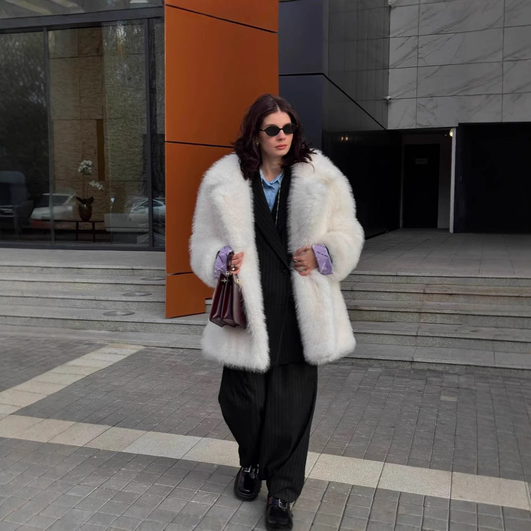 Women's Long Pile Oversized Faux Fur Coat with Boxy Silhouette and Open Cut Mune Fashion