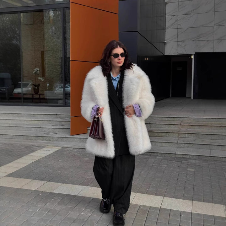 Women's Long Pile Oversized Faux Fur Coat with Boxy Silhouette and Open Cut Mune Fashion