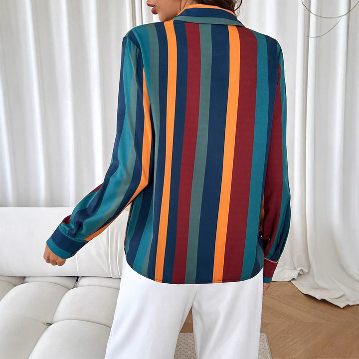 Women's Striped Shirt Blouse with Kent Collar, Continuous Button Placket and Tailored Casual Cut Mune Fashion