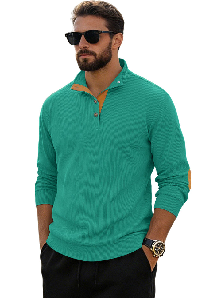 Men's fine ribbed knitted pullover with polo collar button placket and elbow patch Mune Fashion