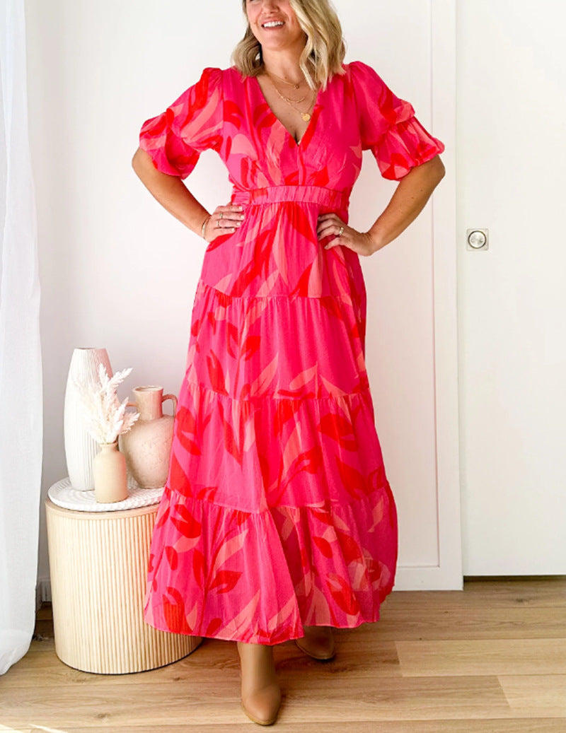 Ladies' flared maxi dress with V-neck, elastic underbust seam, and tiered skirt Mune Fashion
