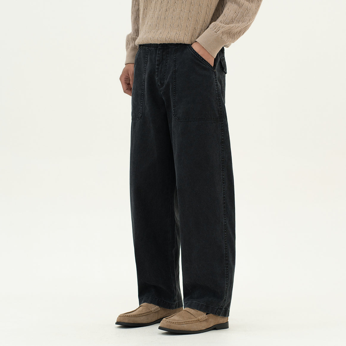 Women's Utility Denim Pants with High Waist, Extra Wide Leg and Patch Pockets Mune Fashion