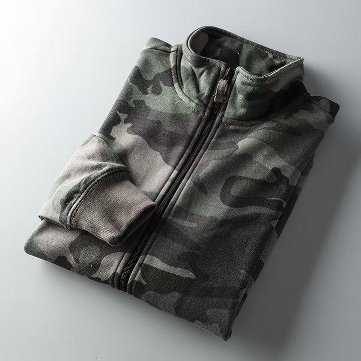 Men's Camouflage Cotton Fleece Zip Jacket with Stand Collar and Ribbed Cuffs Mune Fashion