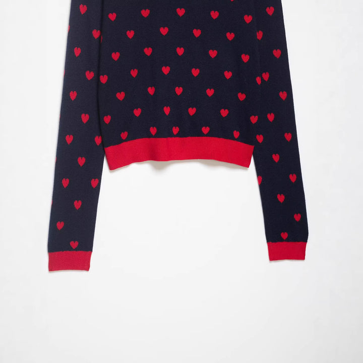 Women's Short Cardigan-Style Knitted Jacket with Heart Jacquard and Lapel Collar Mune Fashion
