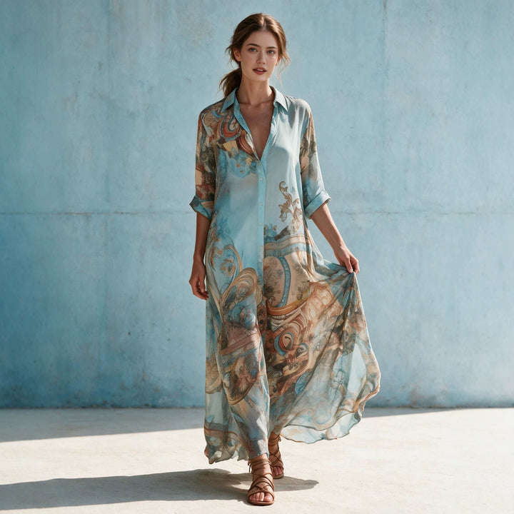 Women's Shirt Dress Maxi Dress in Flowing Silk Look with Artistic Allover Print and 3/4 Sleeves Mune Fashion