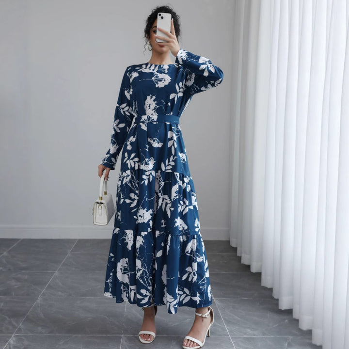 Women Long Floral Tiered Maxi Dress with Waist Belt & Round Neckline Mune Fashion