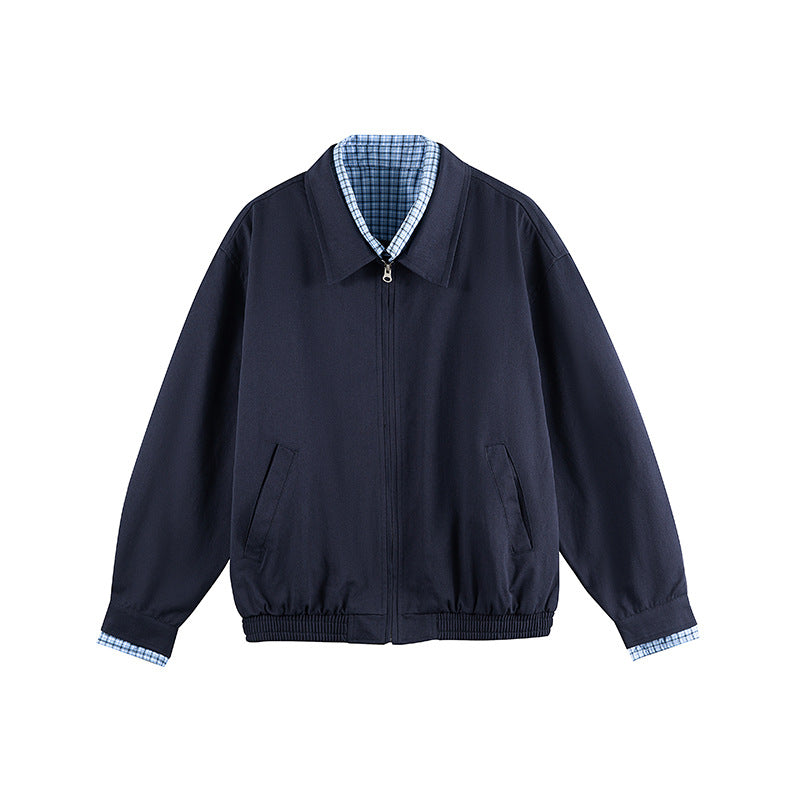 Men's Lightweight Bomber Jacket with Zipper, Checked Lined Collar and Elastic Hem Mune Fashion