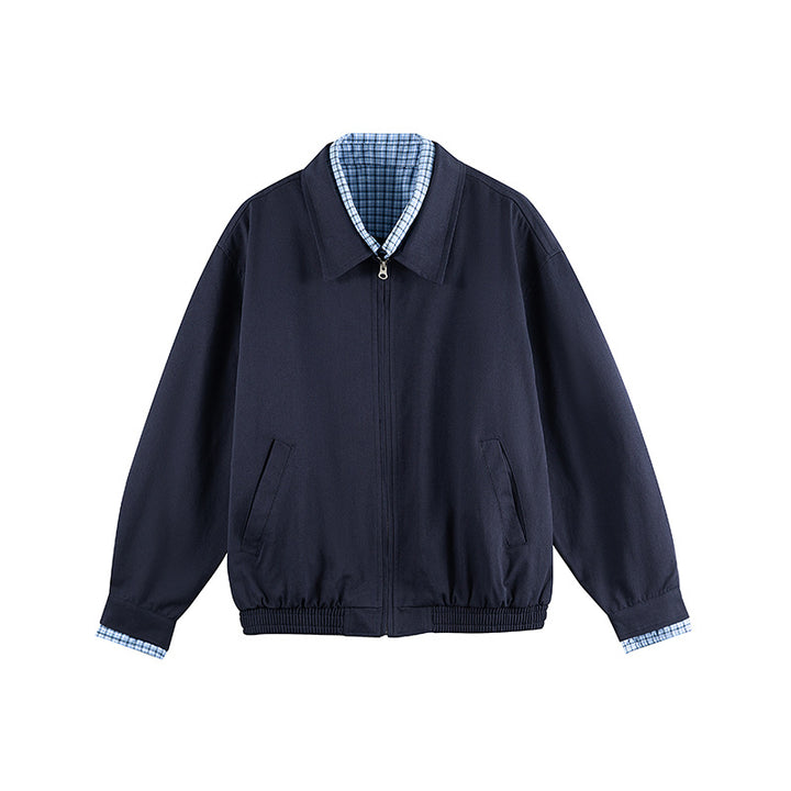 Men's Lightweight Bomber Jacket with Zipper, Checked Lined Collar and Elastic Hem Mune Fashion