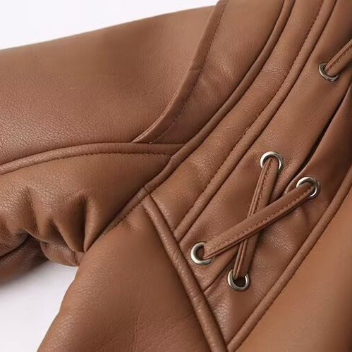 Women's Short Faux Leather Jacket with Teddy Lining, Shawl Collar and Waist Belt Mune Fashion