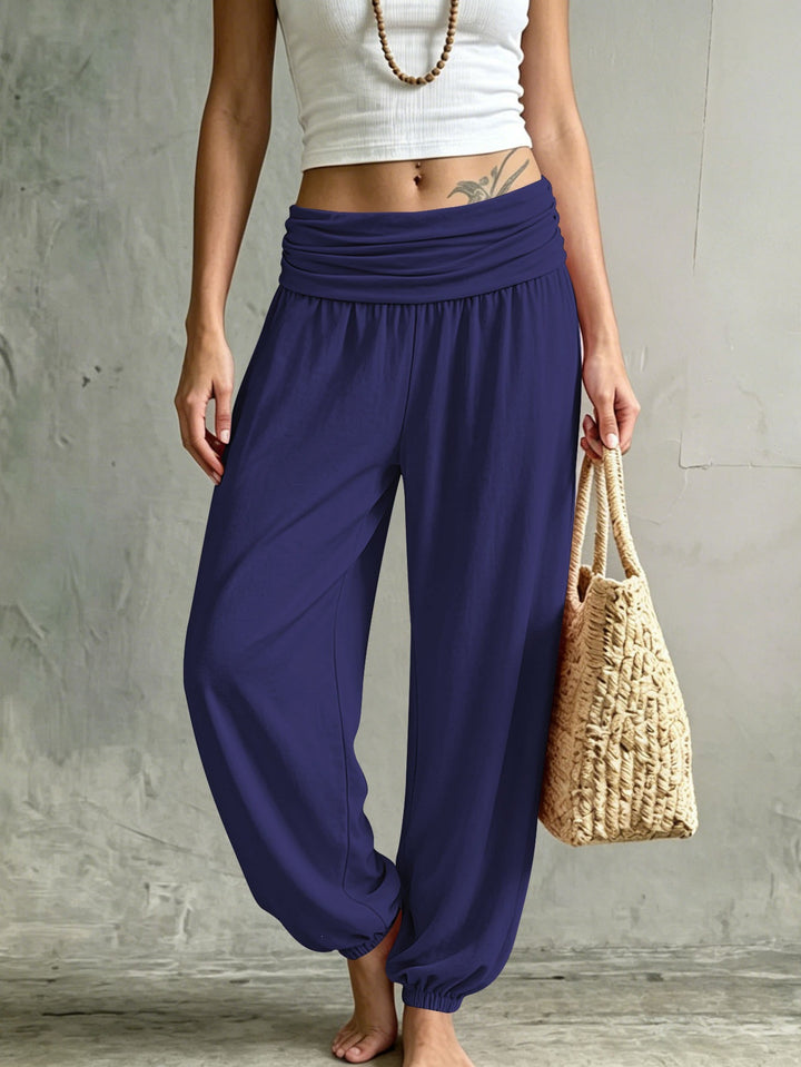 Ladies Lightweight Jersey Harem Pants with Fold-over Waistband, Wide Leg and Elastic Ankle Cuffs Mune Fashion
