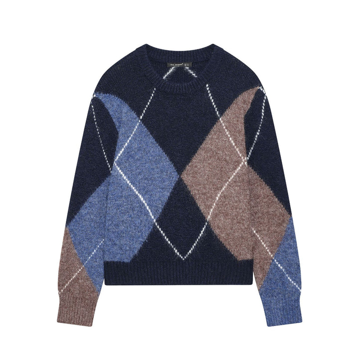Women's thick knitted Argyle sweater with round neck, dropped shoulder, and wide ribbed cuffs Mune Fashion