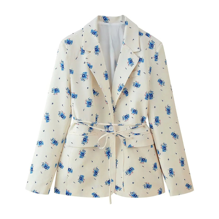 Women's floral blazer jacket with tie belt, patch pockets and shawl collar Mune Fashion