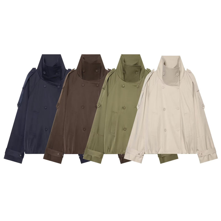 Women's Short Double-Breasted Cape Trench with High Funnel Neck and Sleeve Straps Mune Fashion