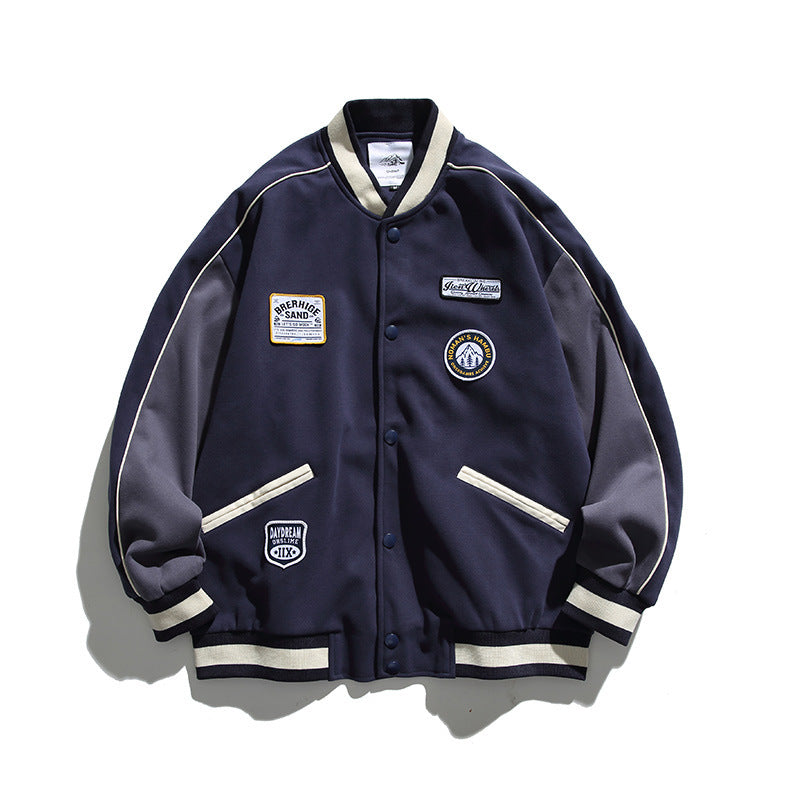Unisex Boxy College Bomber Jacket with Badge Applications and Contrasting Ribbed Cuffs Mune Fashion