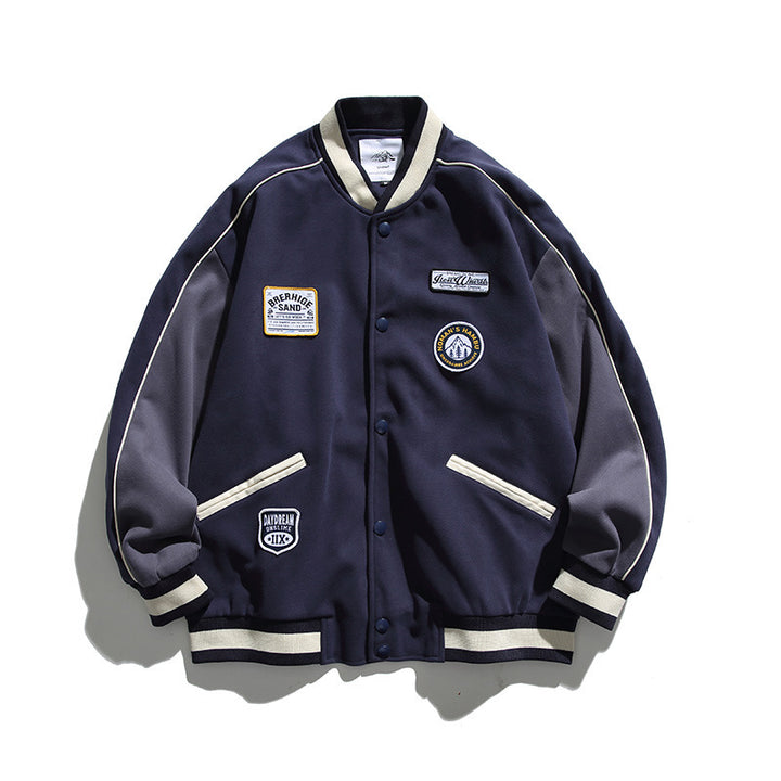 Unisex Boxy College Bomber Jacket with Badge Applications and Contrasting Ribbed Cuffs Mune Fashion