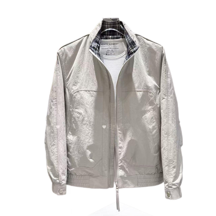 Men's Lightweight Cotton Blend Blouson with Stand-Up Collar and Checked Lining Mune Fashion
