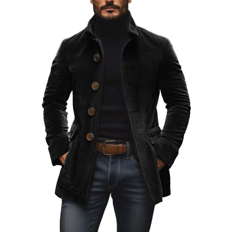 Men's tailored cord coat with stand-up collar, decorative button placket and side pockets Mune Fashion