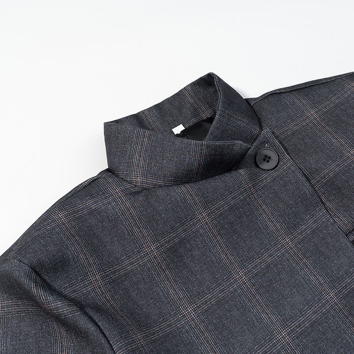 Men's Checked Stand Collar Blazer with Asymmetrical Button Placket and Patching Pockets Mune Fashion